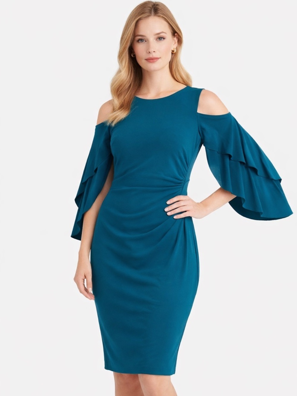 Ralph Lauren Teal Cold-Shoulder Ruffle Midi Dress